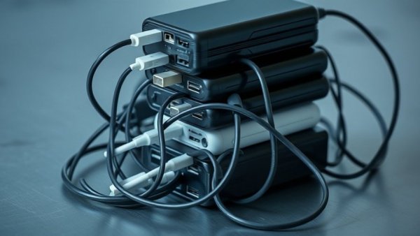 Multiple portable chargers and cables illustrating risks of clutter.