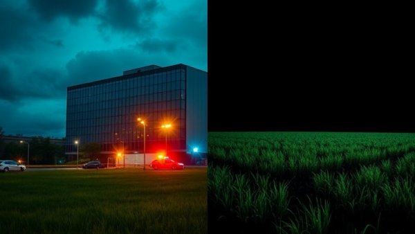 Sextortion scheme targeting minors depicted with building and police lights contrast.