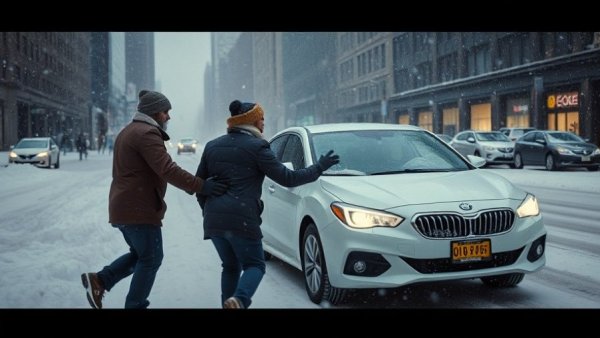 Winter snowstorm affects city street as people help stuck car; relevant to nursing homes during cold conditions.