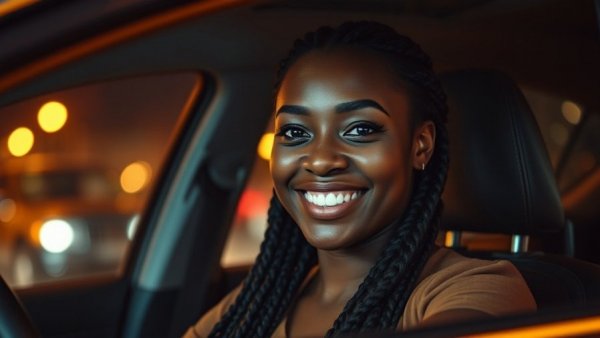 Close-up of woman smiling in car at night.