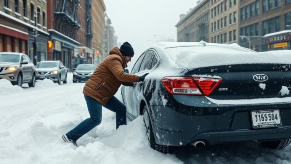 Winter storm impact East Coast causing cars to get stuck in snow on city streets.