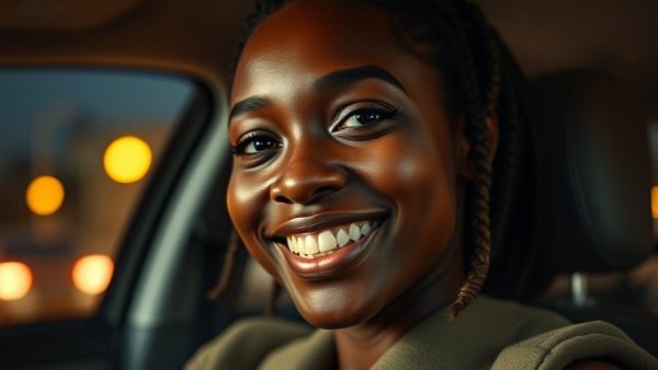 Portrait of an individual smiling warmly inside a car at dusk.