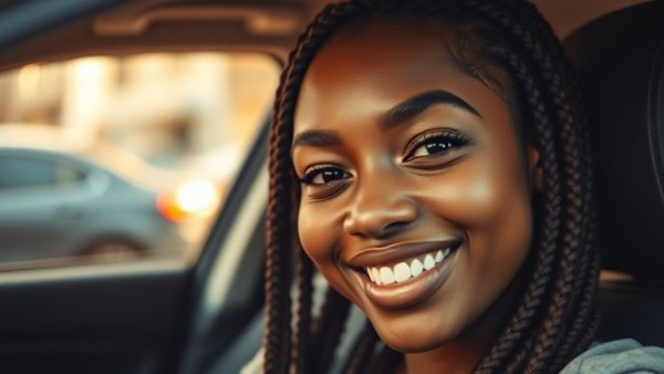 Smiling young woman with braided hair inside a car at night.