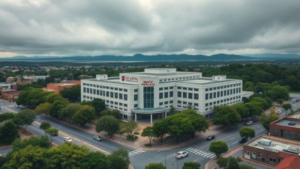 UT Medical Center in North Austin amidst cloudy weather, wide view.