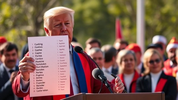 Prominent figure discusses global tariffs holding country list, outdoor scene.