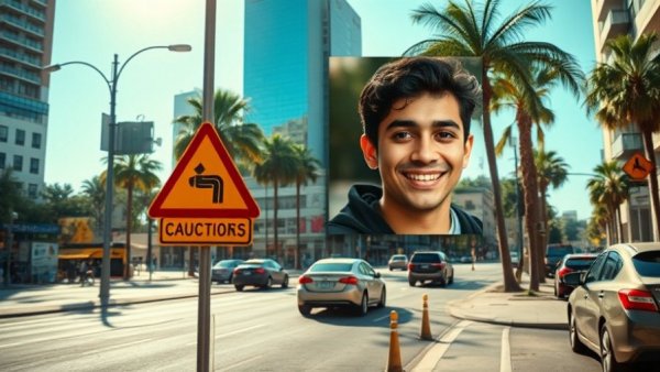 Urban street scene with caution signs and traffic, inset of young person.