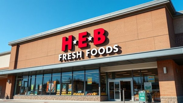 H-E-B store exterior showcasing vibrant signage and sunny setting.