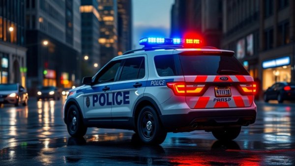 San Antonio police vehicle on rainy night in cityscape.