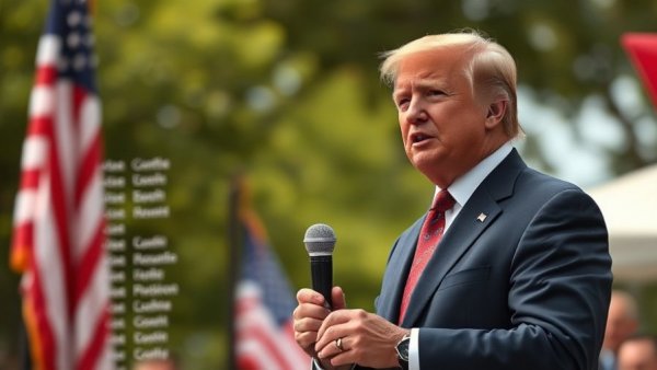 Prominent political figure discusses global tariffs list with American flag backdrop.