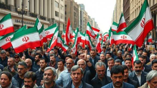 Iran protests US demands, people marching with flags in city street.