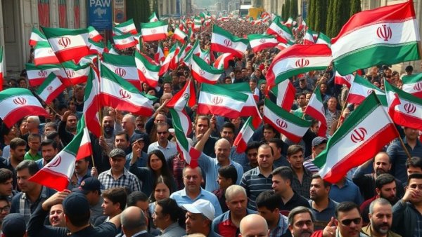 Crowd waves Iranian flags in urban protest march, photorealistic.