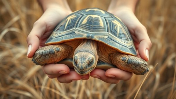Tortoises reintroduction in Houston, gentle hands lifting a large tortoise in a field.