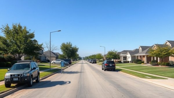 Suburban street scene in Arlington, Texas, clear day