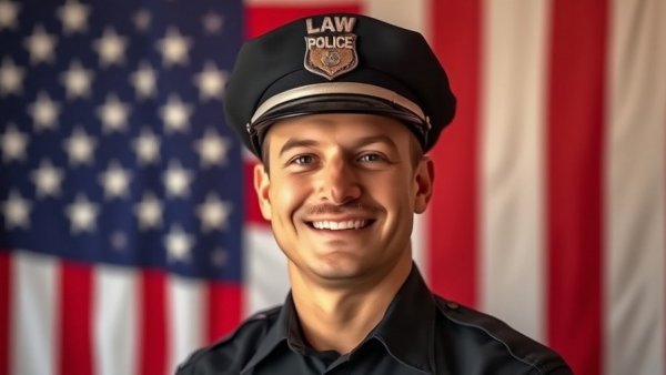 Houston deputy in uniform smiling for portrait with flag background.