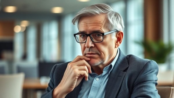 Elderly man in an office, thoughtful expression, realistic natural lighting.