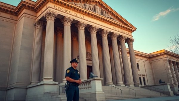 Imposing courthouse with officer, reflecting evening light.