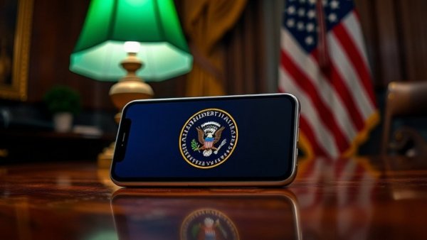 Presidential tech secrets: smartphone on desk with seal and flag.