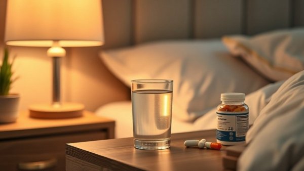 Warm bedside lamp with vitamins and water for seniors' heavy legs.