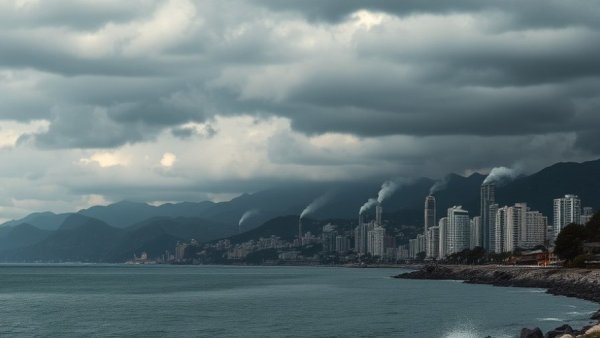 Coastal cityscape with smoke rising, Puerto Vallarta tourism impact.
