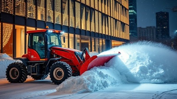 Snow plow clearing snow during East Coast blizzard warnings at modern building.