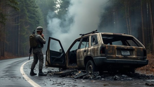 Burnt vehicle and soldier after Mexican drug cartel leader killed