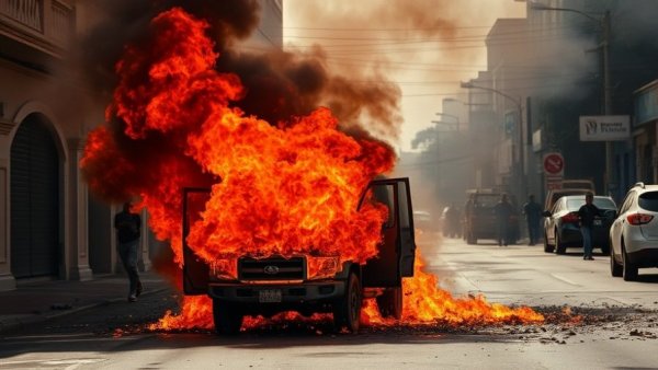 Cartel violence scene in Juchitán Mexico, vehicle ablaze in street