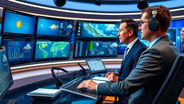 San Antonio weather news studio with analyst and screens.