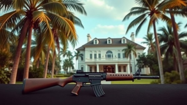 Mar-a-Lago mansion and rifle image depicting deadly confrontation.