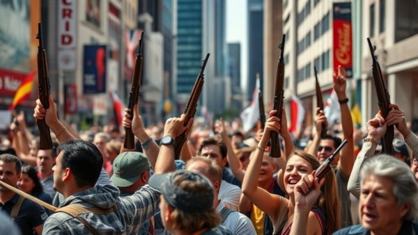 Group rallying with rifles in urban setting, conflicts in Gaza and Iran.