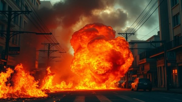 Fiery street explosion representing violence in Mexico's resort town.