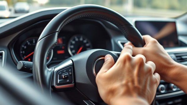 Car interior with detailed dashboard and hand on wheel, road safety.