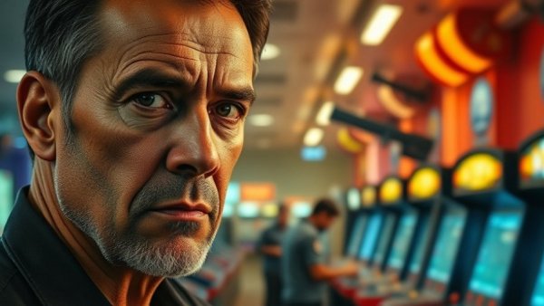 Security guard responds to robbery in San Antonio arcade, vibrant setting.