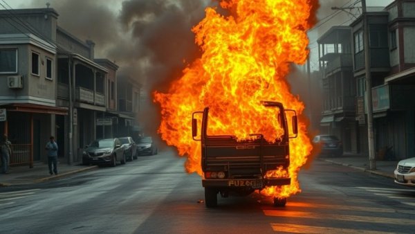 Mexican resort town under cartel violence crisis with a vehicle on fire.