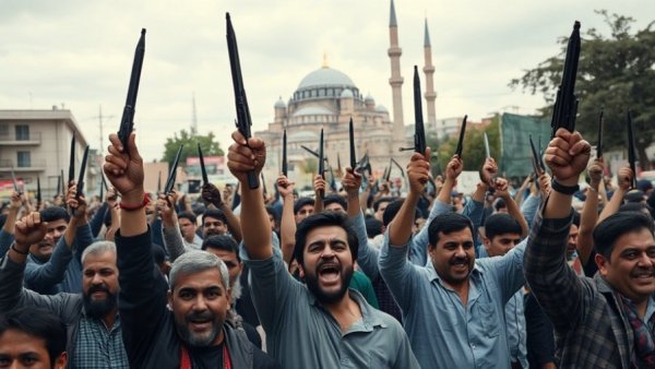 US news articles on Gaza Iran conflicts image of armed crowd protesting.