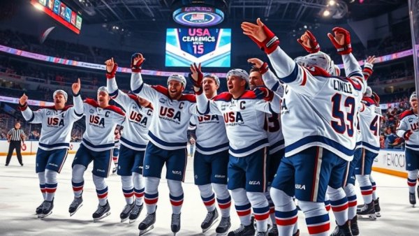 Team USA hockey gold celebration with ecstatic players on ice.