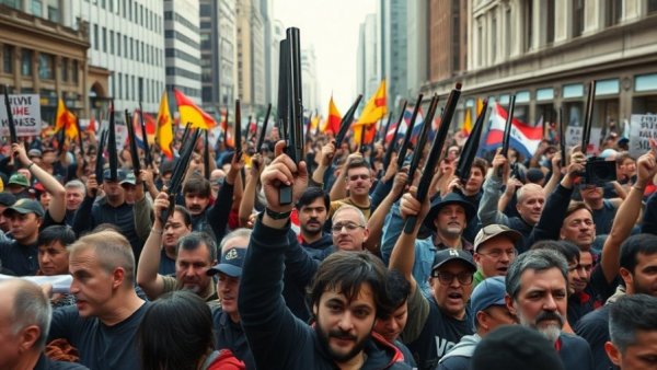 Gaza and Iran conflicts protest group raising weapons.