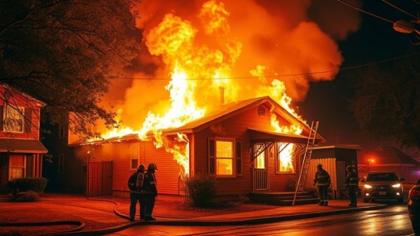 Houston news fire scene with firefighters battling house fire