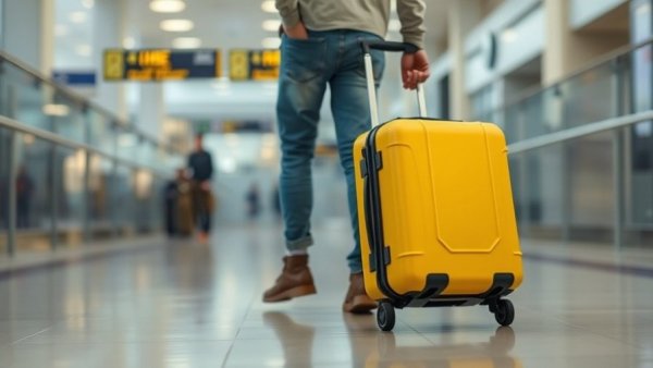 Traveler with yellow suitcase in airport terminal amid flight cancellations.
