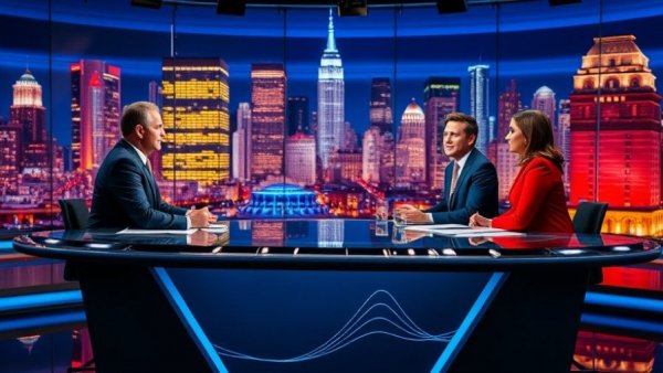 Two news anchors at a desk discussing TSA PreCheck News with cityscape backdrop.