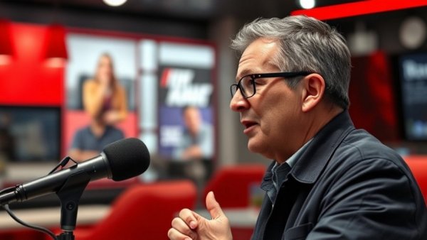 Man speaking into microphone in studio with red accents.