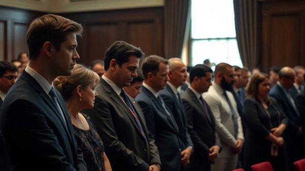 Group standing solemnly indoors for Camp Mystic reopening investigation.