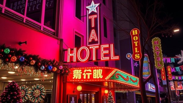 Neon hotel sign with festive lights at night capturing Austin lifestyle.