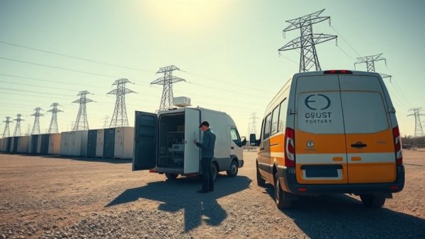 Texas energy grid setup with utility van and storage units under pylons.