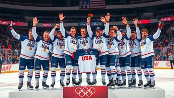 Team USA men's hockey team celebrating victory with medals.