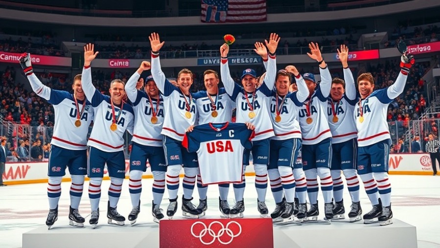 Team USA Hockey Gold celebration with players embracing on ice.