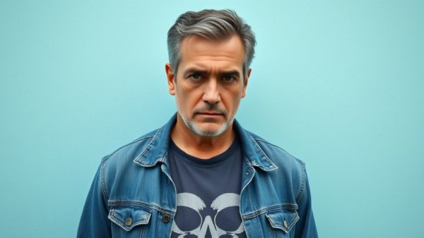 Man in denim jacket, focused expression, standing confidently against a turquoise wall.