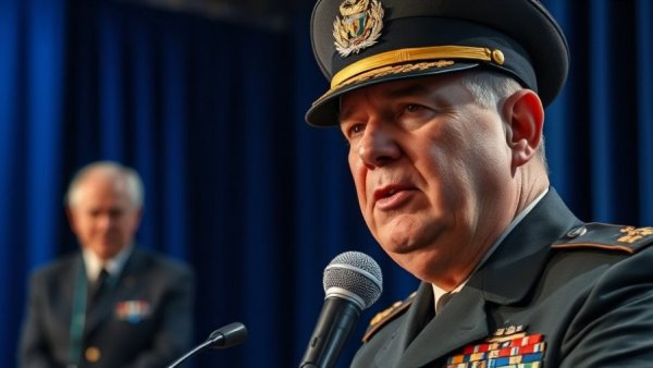 Senior military official at press conference, Trump news backdrop.