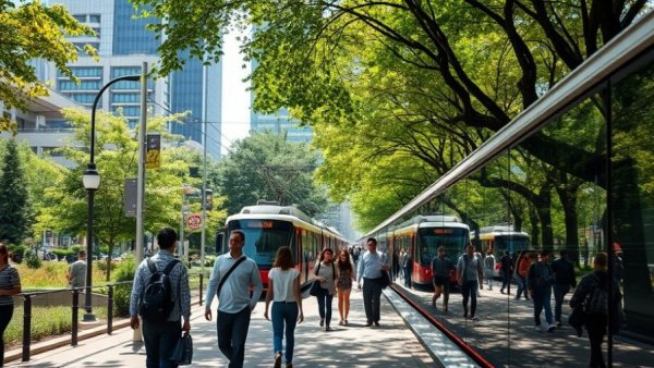Austin light rail project: urban park with pedestrians and rail.