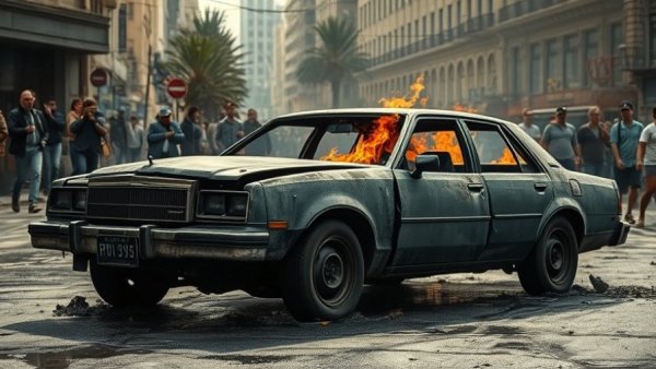 Burnt car signaling World Cup concerns on busy street.