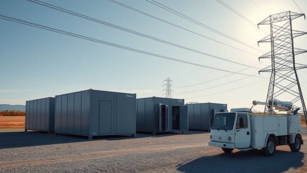 Electric vehicle battery storage units and utility truck in Texas grid.